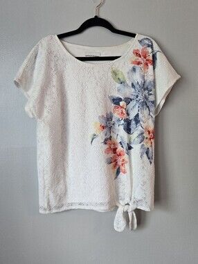 Alfred Dunner White Floral Lace Blouse Short Sleeve Tie Hem Top No Size Tag